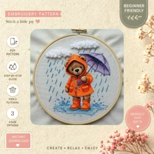 Main preview of cute teddy bear rainy hand embroidery pattern showing bear and clouds in a hand stitched hoop art design