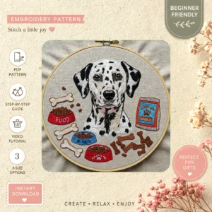 Main preview of dalmatian canine companion love hand embroidery pattern showing dog in a hand stitched hoop art design