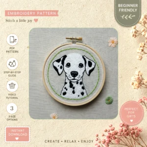 Main preview of dalmatian dog our adorable hand embroidery pattern showing dog in a hand stitched hoop art design