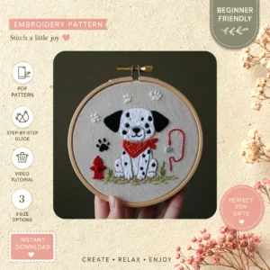 Main preview of dalmatian rescue dog fire hand embroidery pattern showing dog in a hand stitched hoop art design