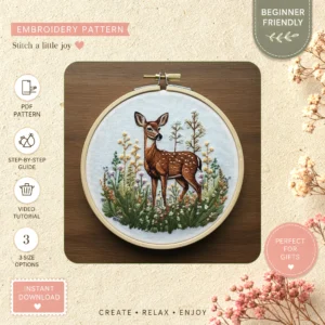 Main preview of deer floral scenic nature hand embroidery pattern showing deer, flowers, floral, wildflowers, and nature in a hand stitched hoop art design