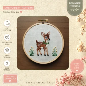 Main preview of deer flowers standing wildflowers hand embroidery pattern showing deer, flowers, wildflowers, and foliage in a hand stitched hoop art design