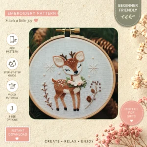 Main preview of deer wreath seasonal flowers hand embroidery pattern showing deer, flowers, wreath, nature, and home in a hand stitched hoop art design
