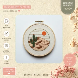 Main preview of desert cactus southwestern sunset hand embroidery pattern showing desert, sunset, and nature in a hand stitched hoop art design