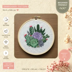 Main preview of desert oasis vivid cacti hand embroidery pattern showing butterflies, flowers, desert, nature, and home in a hand stitched hoop art design