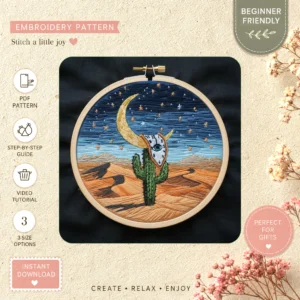 Main preview of desert twilight cactus moon hand embroidery pattern showing desert, moon, and stars in a hand stitched hoop art design