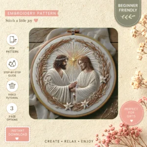 Main preview of divine intervention angelic figures hand embroidery pattern showing celestial in a hand stitched hoop art design