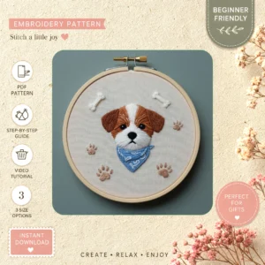 Main preview of dog bone paw prints hand embroidery pattern showing dog in a hand stitched hoop art design