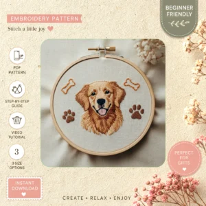 Main preview of dog cozy furry friend hand embroidery pattern showing dog and home in a hand stitched hoop art design