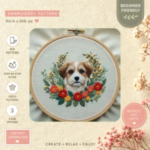 Main preview of dog flower sweet pup hand embroidery pattern showing dog, flower, floral, bouquet, and nature in a hand stitched hoop art design