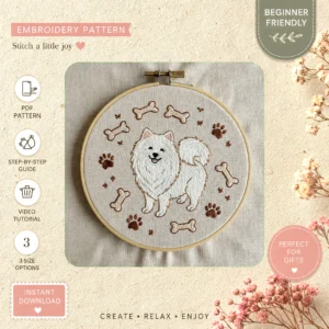 Main preview of dog lover kit bones hand embroidery pattern showing dog and home in a hand stitched hoop art design