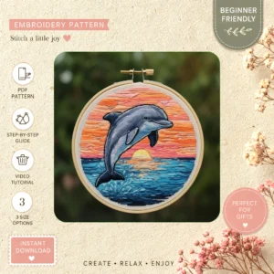 Main preview of dolphin sunset peaceful leaping hand embroidery pattern showing dolphin, sunset, and ocean in a hand stitched hoop art design