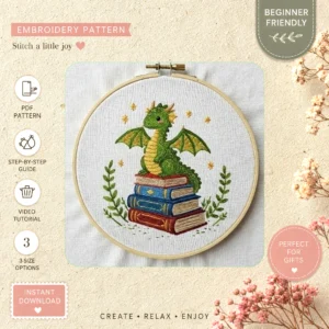 Main preview of dragon books cozy library hand embroidery pattern showing dragon books cozy library in a hand stitched hoop art design