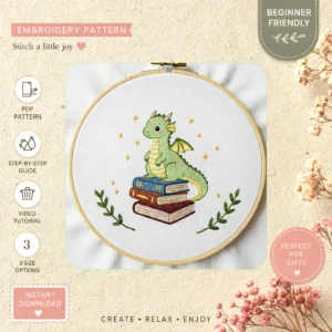 Main preview of dragon books cozy library perched hand embroidery pattern showing dragon books cozy library perched in a hand stitched hoop art design