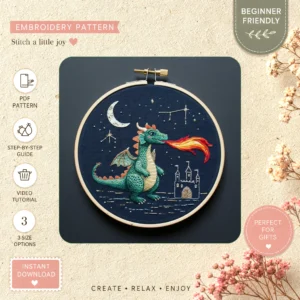 Main preview of dragon night sky moon hand embroidery pattern showing sky, moon, stars, and night in a hand stitched hoop art design