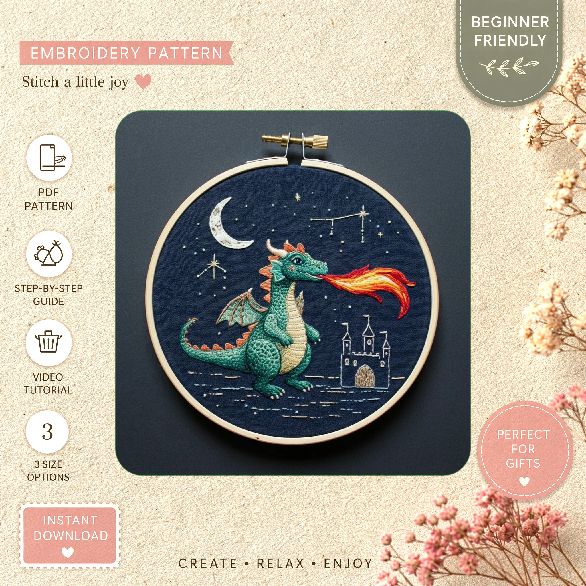 Main preview of dragon night sky moon hand embroidery pattern showing sky, moon, stars, and night in a hand stitched hoop art design
