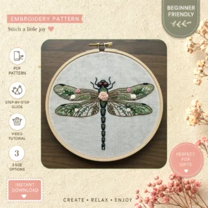 Main preview of dragonfly flower nature inspired hand embroidery pattern showing dragonfly, flower, flowers, and nature in a hand stitched hoop art design
