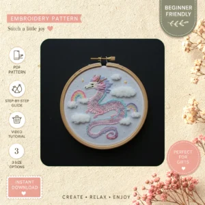 Main preview of dragons night sky magical hand embroidery pattern showing sky, moon, crescent, stars, and night in a hand stitched hoop art design