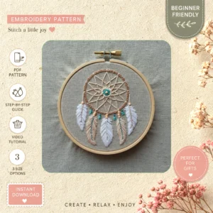 Main preview of dreamcatcher fabric shades blue hand embroidery pattern showing floral and nature in a hand stitched hoop art design
