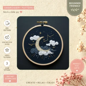 Main preview of dreamy night moon stars hand embroidery pattern showing sky, clouds, moon, stars, and night in a hand stitched hoop art design