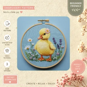 Main preview of duck flower field embroiderers hand embroidery pattern showing duck, flower, and field in a hand stitched hoop art design