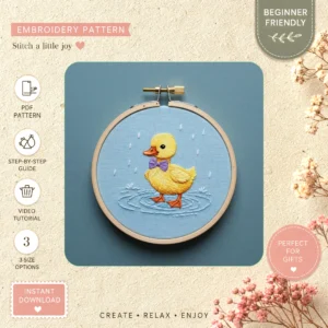 Main preview of duck rain rainy day hand embroidery pattern showing duck and nature in a hand stitched hoop art design