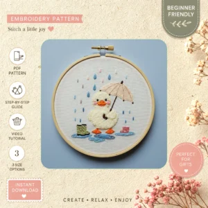 Main preview of duck umbrella rainy day hand embroidery pattern showing duck in a hand stitched hoop art design