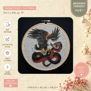 Main preview of eagle snake nature inspired hand embroidery pattern showing nature in a hand stitched hoop art design