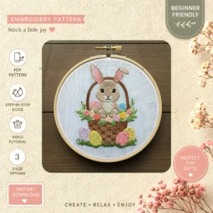 Main preview of easter bunny cute basket hand embroidery pattern showing bunny in a hand stitched hoop art design