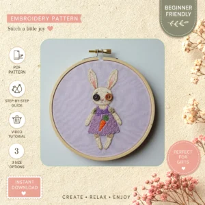 Main preview of easter bunny cute dress hand embroidery pattern showing bunny in a hand stitched hoop art design