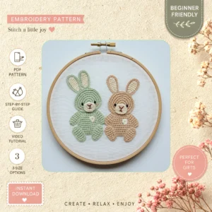 Main preview of easter bunny stuffed animal hand embroidery pattern showing bunny and nature in a hand stitched hoop art design