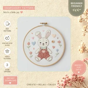 Main preview of easter themed adorable bunny hand embroidery pattern showing bunny, flowers, floral, and bouquet in a hand stitched hoop art design