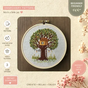 Main preview of eco friendly tiny tree hand embroidery pattern showing tree, cottage, and home in a hand stitched hoop art design