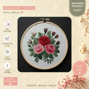 Main preview of elegant blue rose captivating hand embroidery pattern showing floral and rose in a hand stitched hoop art design