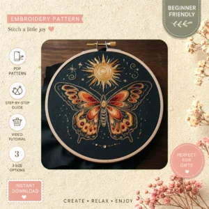 Main preview of elegant butterfly sunburst vibrant hand embroidery pattern showing butterfly and nature in a hand stitched hoop art design