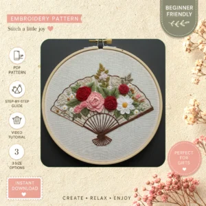 Main preview of elegant decorative fan flowering hand embroidery pattern showing flowers and nature in a hand stitched hoop art design