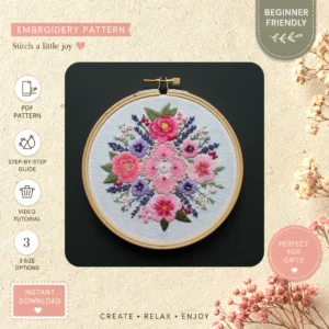 Main preview of elegant floral colorful flowers hand embroidery pattern showing flowers, floral, leaves, and nature in a hand stitched hoop art design