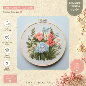 Main preview of elegant floral embroidered bouquet hand embroidery pattern showing flowers, floral, bouquet, foliage, and nature in a hand stitched hoop art design