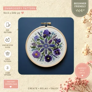Main preview of elegant floral embroidered pansies hand embroidery pattern showing flowers, floral, pansies, and nature in a hand stitched hoop art design