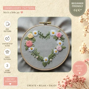 Main preview of elegant floral heart lovely hand embroidery pattern showing flowers, floral, leaves, and nature in a hand stitched hoop art design