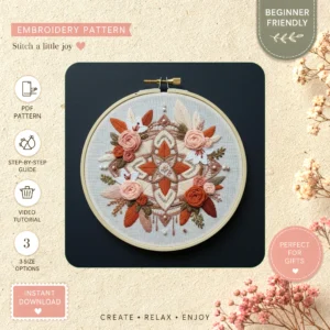 Main preview of elegant floral nature inspired flowering hand embroidery pattern showing flowers, floral, leaves, and nature in a hand stitched hoop art design