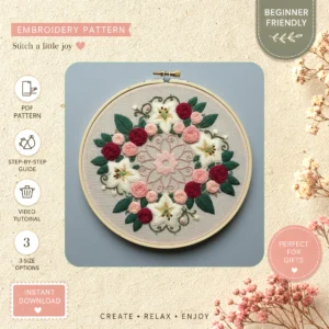 Main preview of elegant floral nature inspired hand embroidery pattern showing flowers, floral, leaves, nature, and home in a hand stitched hoop art design