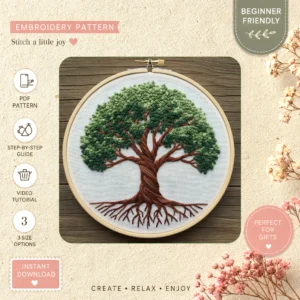 Main preview of elegant floral tree blossoming hand embroidery pattern showing bird, birds, flower, flowers, and floral in a hand stitched hoop art design