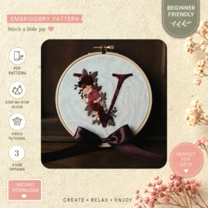 Main preview of elegant floral vine nature hand embroidery pattern showing flowers, floral, leaves, vine, and nature in a hand stitched hoop art design