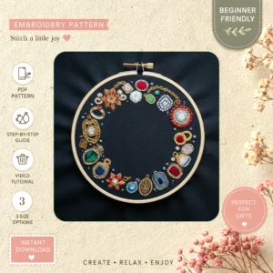 Main preview of elegant jewelry embroidered collection hand embroidery pattern showing home in a hand stitched hoop art design