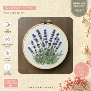 Main preview of elegant lavender field purple hand embroidery pattern showing flowers, lavender, leaves, field, and nature in a hand stitched hoop art design