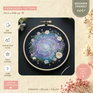 Main preview of elegant nature inspired purple hand embroidery pattern showing flowers, sky, nature, and night in a hand stitched hoop art design