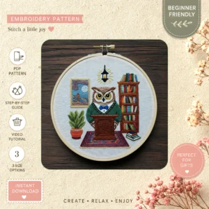 Main preview of elegant owl desk books hand embroidery pattern showing owl in a hand stitched hoop art design
