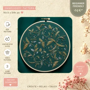 Main preview of elegant pinecone nature inspired hand embroidery pattern showing leaves, forest, nature, and home in a hand stitched hoop art design