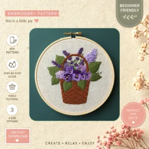 Main preview of elegant purple floral basket hand embroidery pattern showing floral, leaves, and nature in a hand stitched hoop art design
